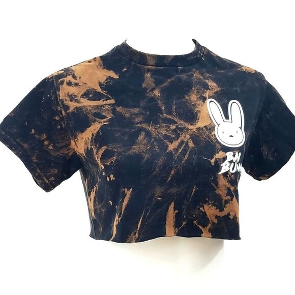 Bad Bunny Acid Washed, Distressed "Cropped" Crop Top Reggaeton Band Tee Rock Tee - Picture 2 of 6